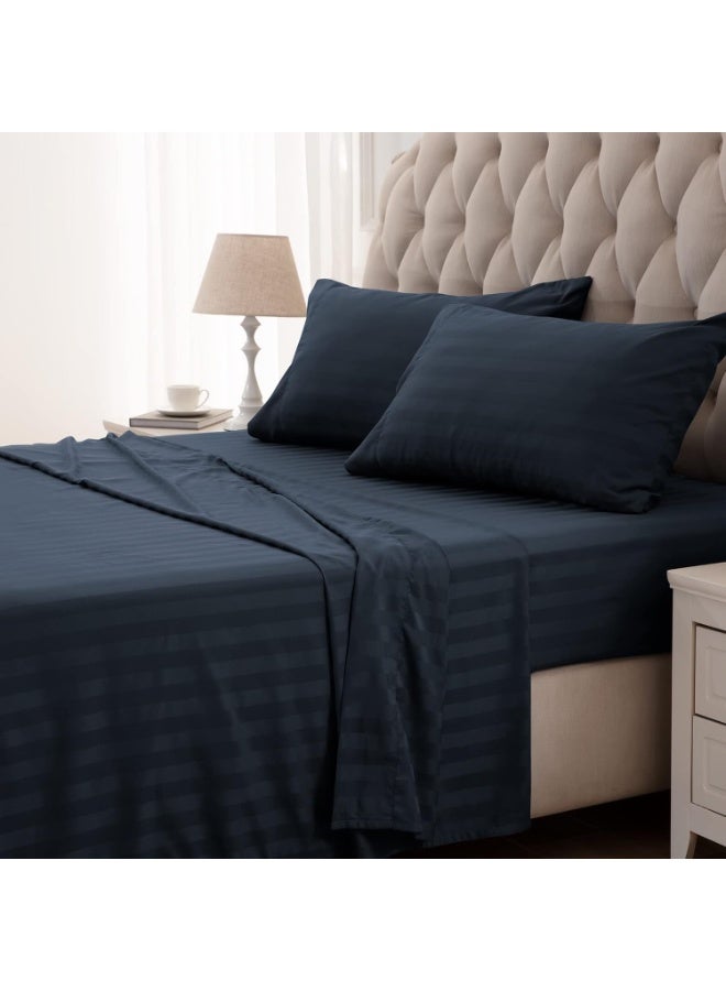 Luxury 3-Piece Navy Blue Cotton Bed Sheet Set – Ultra Soft Flat Sheet & Pillowcases with Striped Design, Breathable & Comfortable for Home or Hotel (Single/Double) - Image 1