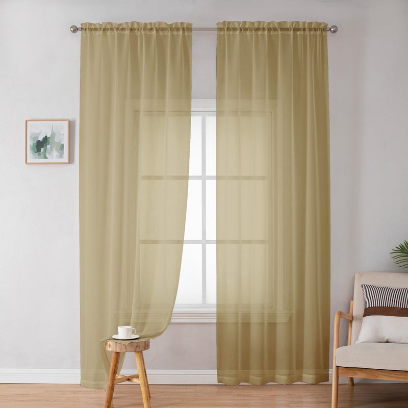 OWENIE Gold Sheer Curtains 84 Inch Length 2 Panels Set, Light Filtering Voile Fimly Sheer Drapes for Living Room/Bedroom, 2pcs, Gold Solid Rod Pocket Sheer Curtains, Each 42" W x 84" L - Image 2