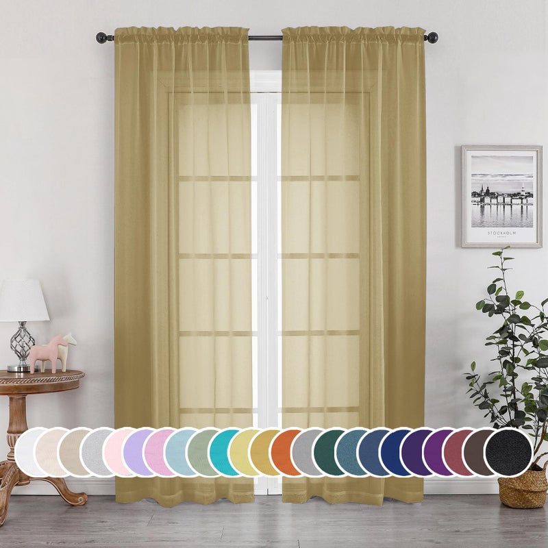 OWENIE Gold Sheer Curtains 84 Inch Length 2 Panels Set, Light Filtering Voile Fimly Sheer Drapes for Living Room/Bedroom, 2pcs, Gold Solid Rod Pocket Sheer Curtains, Each 42" W x 84" L - Image 1