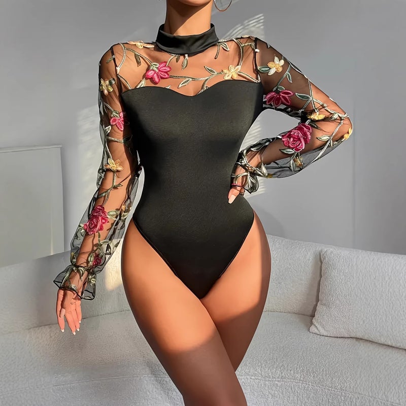 Women's Lace and Embroidered Long Sleeve Mock Neck Jumpsuit - Image 4