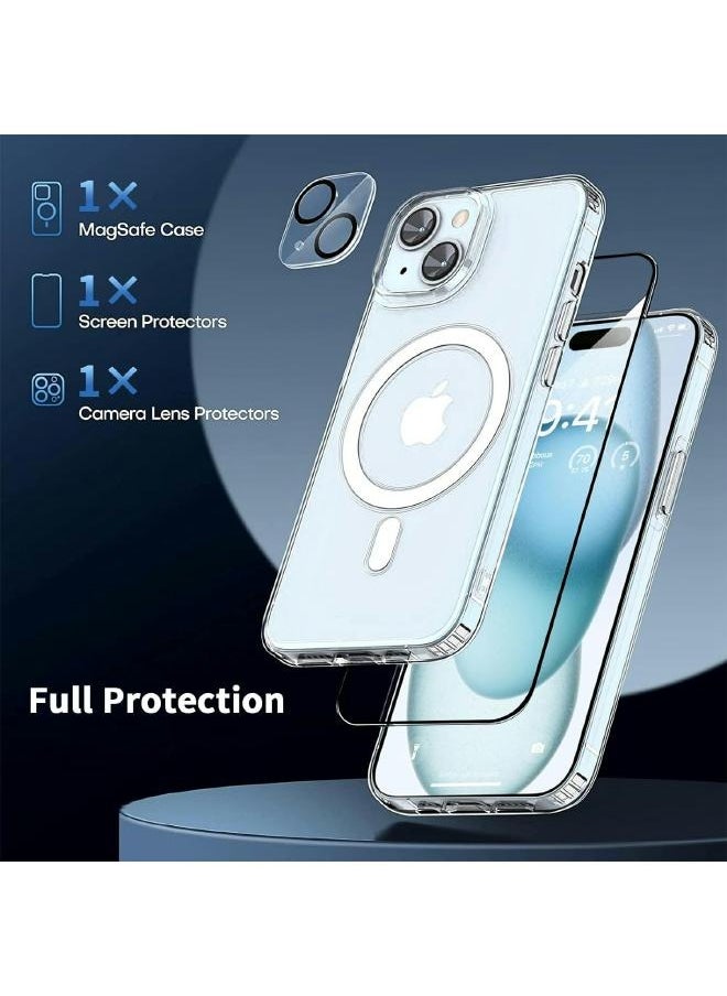 ماركة غير محددة - جراب حماية (3in1) جراب مغناطيسي شفاف لموبايل ايفون 13 (iPhone 13) من ماج سيف مع واقي شاشة وحماية خلفية كاملة وواقي عدسة الكاميرا، مجموعة تغطية كاملة لموبايل ابل ايفون 13 - Image 1