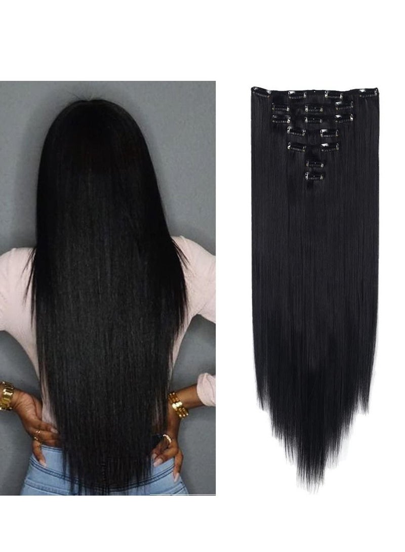 إستيل 7 قطع 16 مشابك 23 بوصة إلى 24 بوصة سميكة مجعد مستقيم كامل الرأس كليب في لحمة مزدوجة وصلات شعر طبيعي أسود مستقيم - Image 1