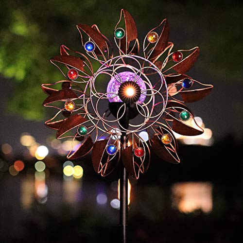 HDNICEZM HDNICEZM Solar Wind Spinner MultiColor LED Lighting by Solar Powered Glass Ball with Kinetic Wind Aculptures Dual Direction Decorative Lawn Ornament Wind Mill 