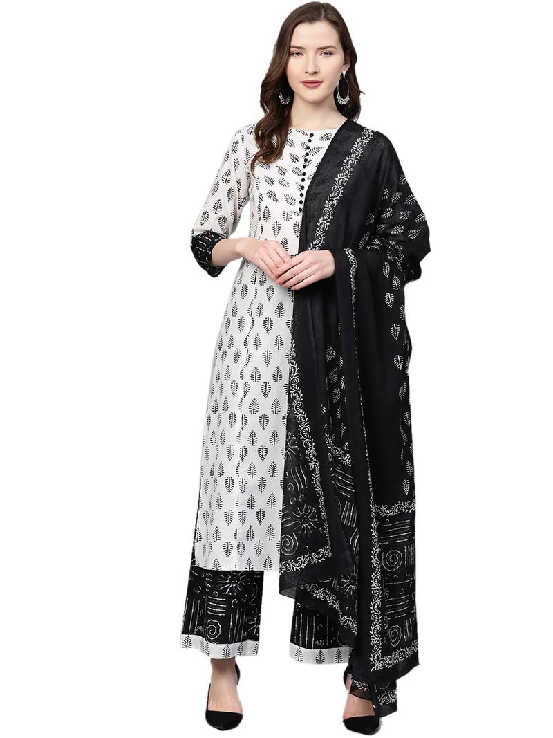 Yash Gallery Women'S Cotton Floral Printed Straight Kurta Palazzo & Dupatta Set For Women (White, 6XL) - Image 1