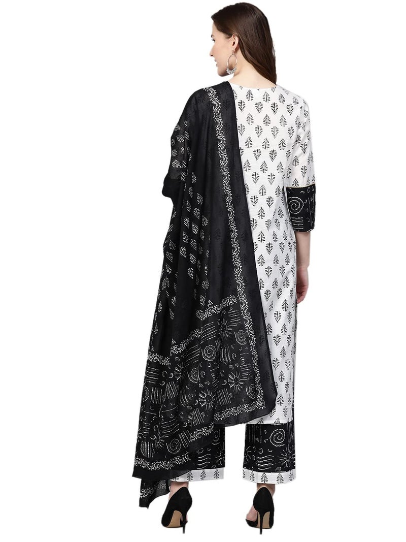 Yash Gallery Women'S Cotton Floral Printed Straight Kurta Palazzo & Dupatta Set For Women (White, 6XL) - Image 2