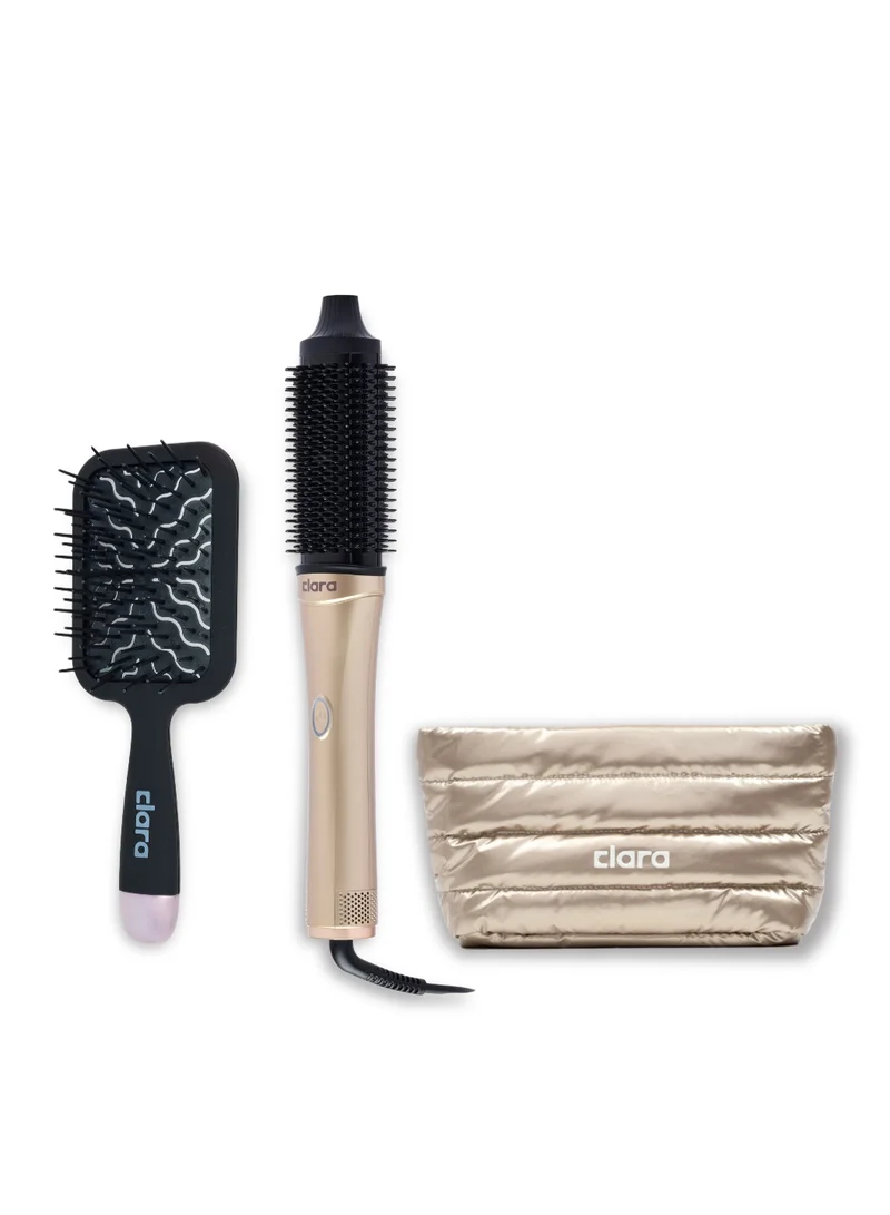 كلارا The Salon Blow-Dry Kit Bundle – Silver AirGlow 560W Hot Air Brush with BLDC Motor & Dual Voltage, Wide Paddle Detangling Hair Brush and Metallic Gold Toiletry Bag