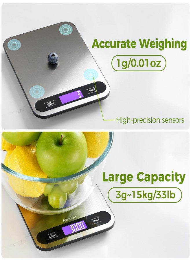 Atogou Food Scale, 33lb/ 15kg Digital Kitchen Scale with Full View LCD Display, Durable Stainless Steel Surface, for Cooking, Baking, Meal Prep Black - Image 3