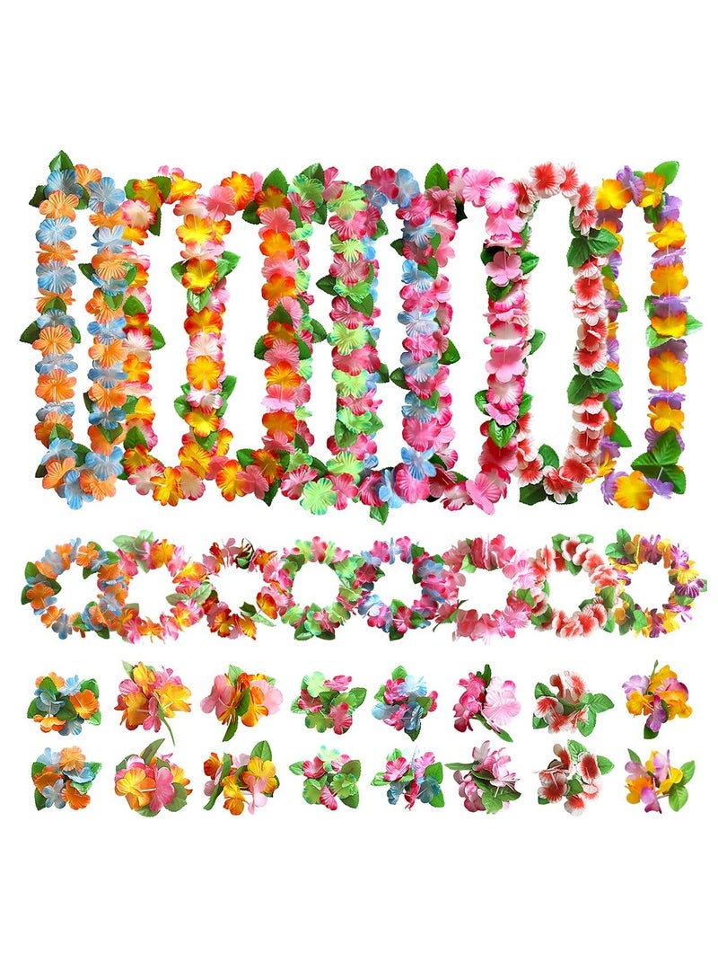 KASTWAVE Hawaiian Leis Party Decorations, Hawaiian Flower Necklace Flowers Bracelets Headband, for Tropical Hawaiian Party Theme Beach Party Hawaiian Night Bar Beach Vacation 32 Pieces  - Image 1