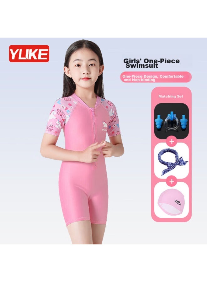 Yuke Children's Swimsuit For Girls, Big Kids Swimwear Set With Swim Cap, Nose Clip, Ear Plugs, Towel, One-piece 5XL With Chest Pads - Image 1