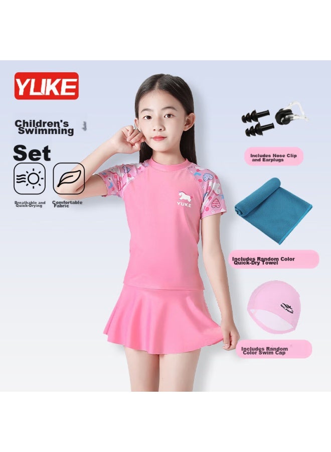 Yuke Children's Swimsuit For Girls, Big Kids Swimwear Set With Swim Cap, Nose Clip, Ear Plugs, Towel, One-piece 5XL With Chest Pads - Image 3