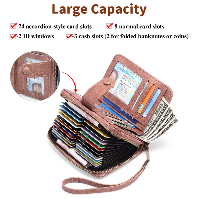 GAEKEAO Leather Credit Card Holder Wallet for Women RFID Blocking Large Capacity Bifold Zipper Card Case Organizer with Wristlet 32 Slots - Image 2