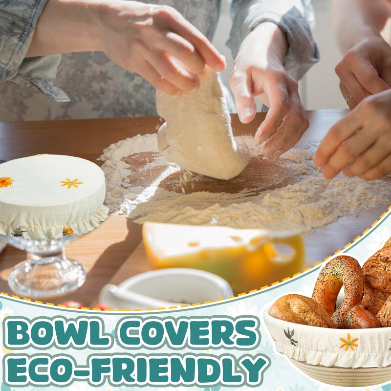 Patelai 10 Pcs Bowl Covers Reusable in 5 Size Stretch Cloth Fabric Elastic Food Storage Bowl Covers Bread Sourdough Lids for Proofing Food Fruits Leftover(Yellow, Green, White,Embroidery Daisy) - Image 2