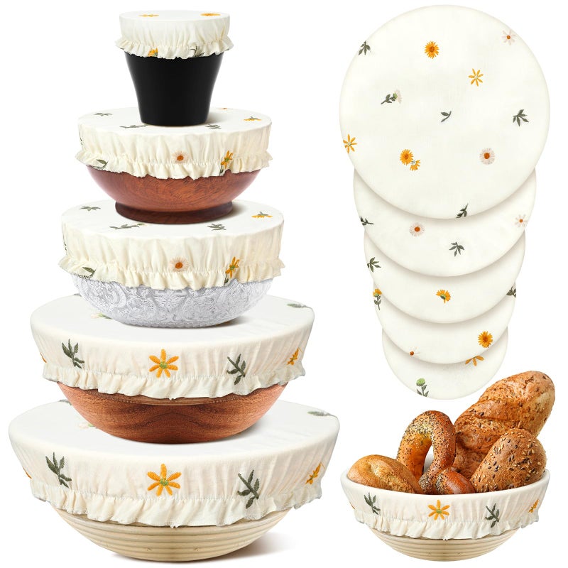 Patelai 10 Pcs Bowl Covers Reusable in 5 Size Stretch Cloth Fabric Elastic Food Storage Bowl Covers Bread Sourdough Lids for Proofing Food Fruits Leftover(Yellow, Green, White,Embroidery Daisy) - Image 1