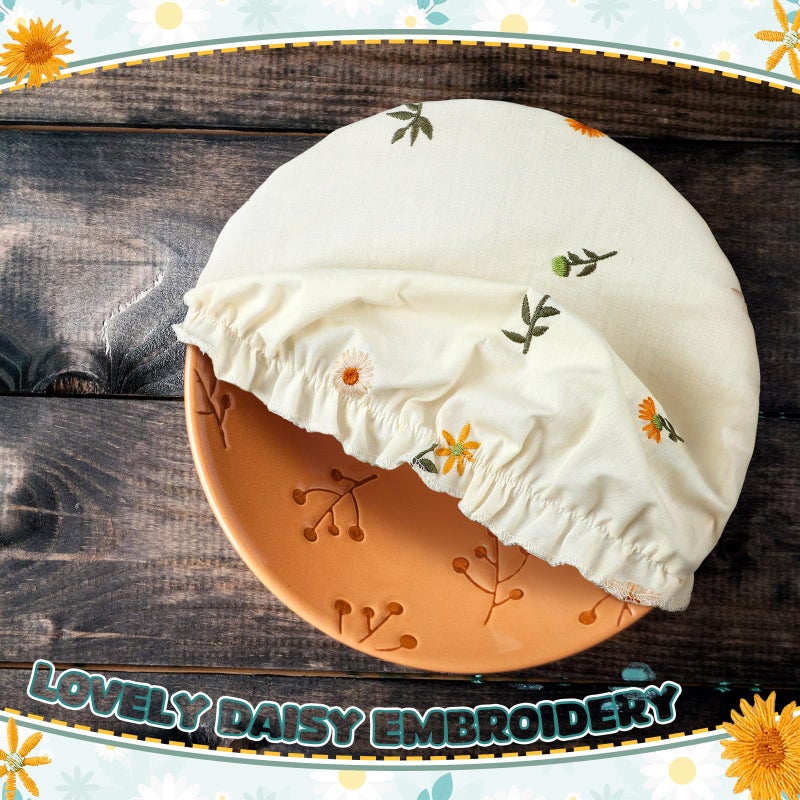 Patelai 10 Pcs Bowl Covers Reusable in 5 Size Stretch Cloth Fabric Elastic Food Storage Bowl Covers Bread Sourdough Lids for Proofing Food Fruits Leftover(Yellow, Green, White,Embroidery Daisy) - Image 4