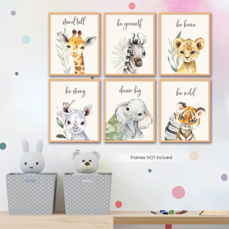 VicBou 6 PCS Cartoon Animals Wall Art Nursery Decor Cute Elephant Giraffe Leopard Zebra Tiger Inspirational Wall Decor Unframed Posters Nursery Print Paintings Artwork for Home Bedroom Living Room 8x10 In - Image 2