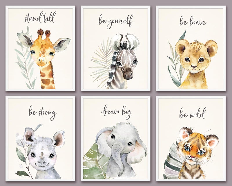 VicBou 6 PCS Cartoon Animals Wall Art Nursery Decor Cute Elephant Giraffe Leopard Zebra Tiger Inspirational Wall Decor Unframed Posters Nursery Print Paintings Artwork for Home Bedroom Living Room 8x10 In - Image 1