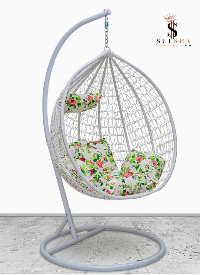 SULSHA Hanging Egg Indoor Outdoor Patio Wicker Rattan Swing Chair with UV Resistant Random Washable Cushions & Iron Frame for Garden, Living Room & Backyard - White  - Image 1