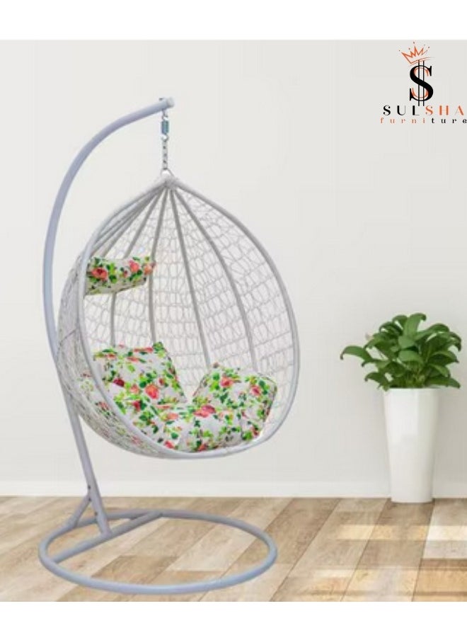 SULSHA Hanging Egg Indoor Outdoor Patio Wicker Rattan Swing Chair with UV Resistant Random Washable Cushions & Iron Frame for Garden, Living Room & Backyard - White  - Image 2