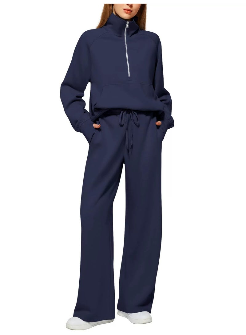 general 2025 - 2026 Women's Two-Piece Ultra-Large Half-Zip Sweatshirt and Wide Leg Sweatpants Casual Set - Image 1