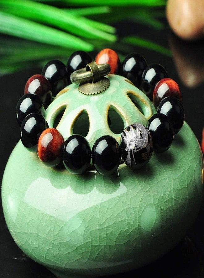 Merdia Men's Tiger Eye Stone Elastic Bead Bracelet with Loong Pattern - Image 3