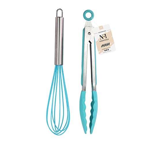 NFI essentials Silicone Whisk and Tong Set, Non-Stick Cooking Safe Set of 2 Silicone Set for Egg Beater, Frying, Whisking, Grillin, Dishwasher Safe Whisks for Cooking Heat Resistant - Image 1