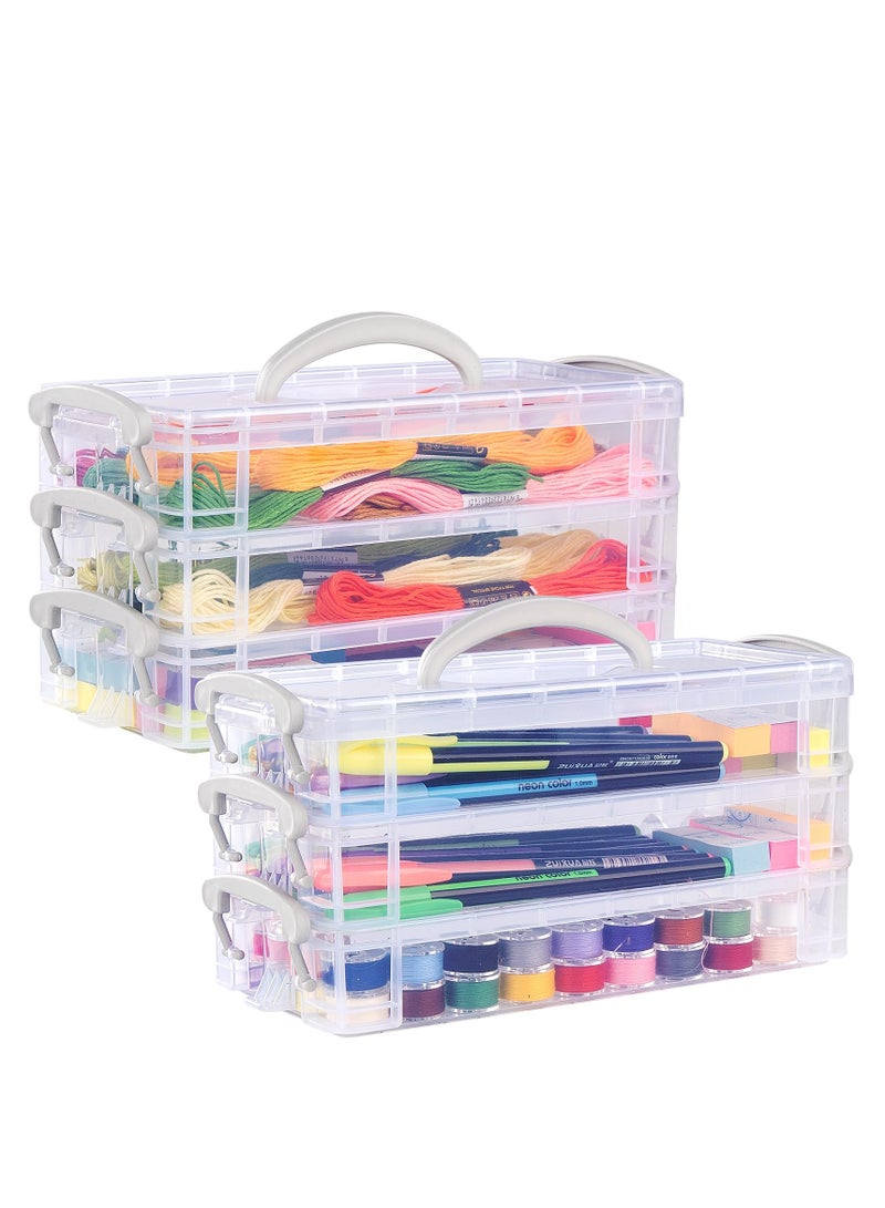 SYOSI Storage Box with Handles, 2 x 3 Tier Clear Plastic Storage Box with Lid, Pen Drawing Tools Container Lid, Portable Pencil Case for Art & Craft Toys, Sewing Accessories  - Image 1