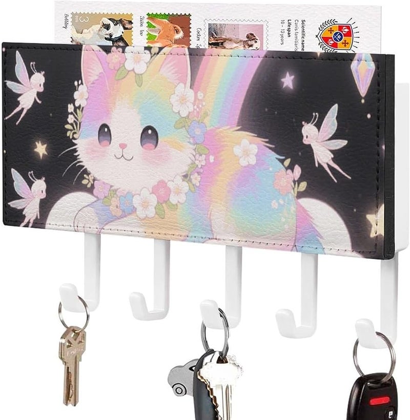 حامل مفاتيح Cat On The Cloud Wall مع 5 خطافات، منظف رف المفاتيح من جلد PU، وحدة تخزين المدخل - Image 1