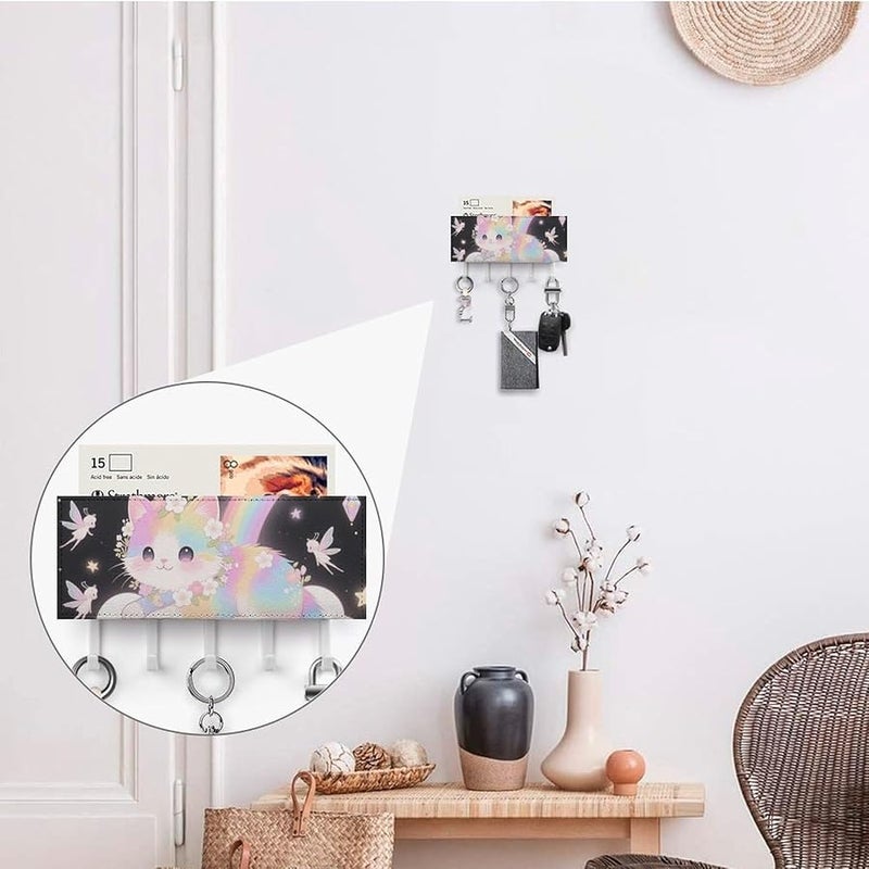 حامل مفاتيح Cat On The Cloud Wall مع 5 خطافات، منظف رف المفاتيح من جلد PU، وحدة تخزين المدخل - Image 5
