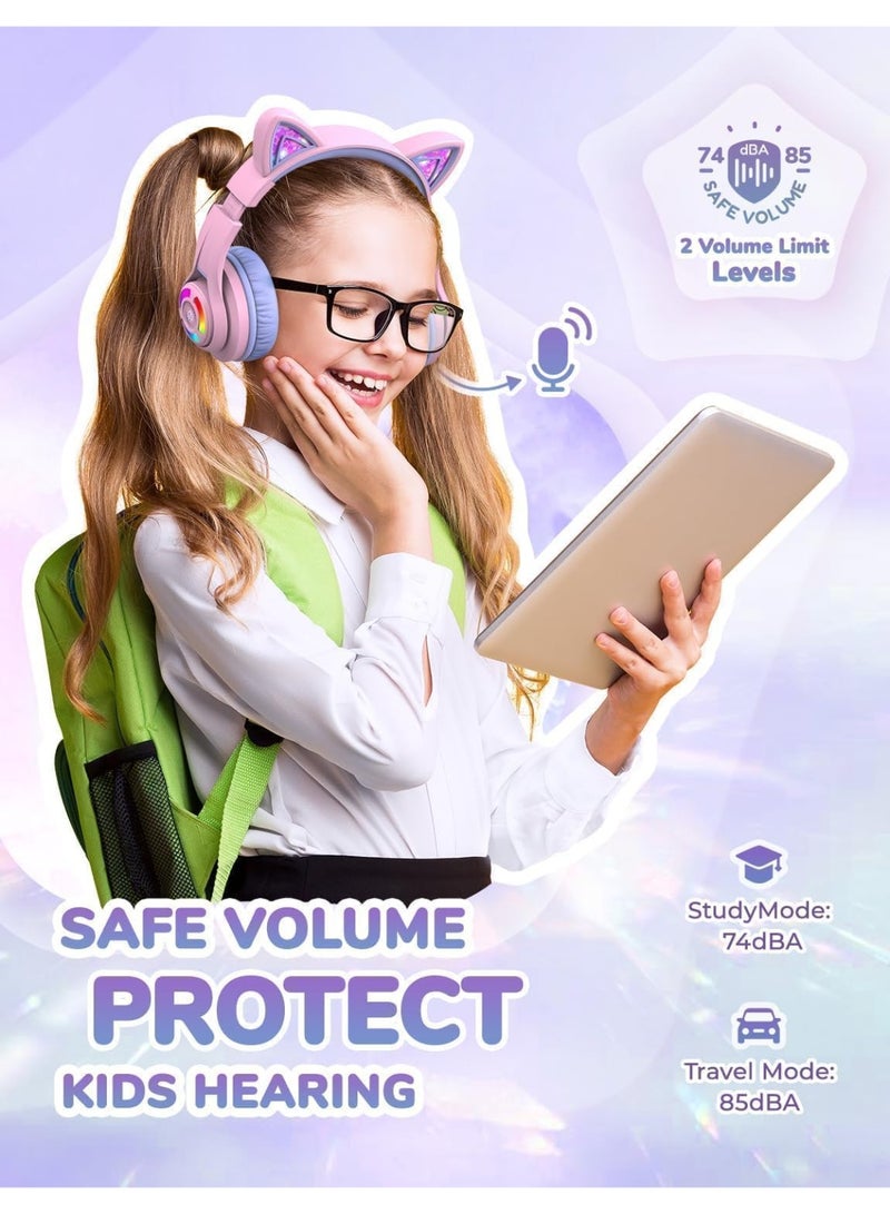 iClever BTH13 Bluetooth Kids Headphones, Cat Ear LED Light Up Wireless Kids Headphones with Volume Limited (74/85dBA), 50H Playtime, Children Headphones with MIC Over Ear for School/Tablet/PC - Image 5