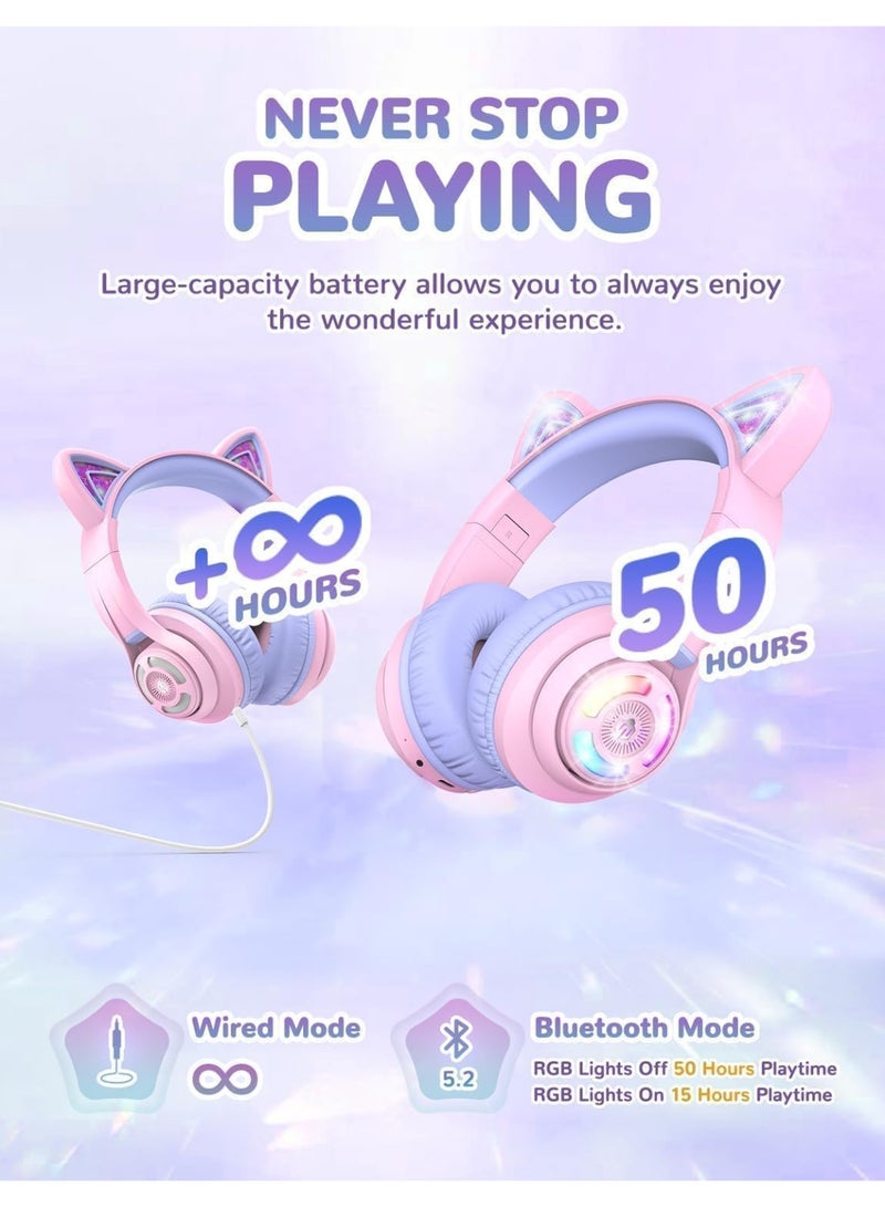 iClever BTH13 Bluetooth Kids Headphones, Cat Ear LED Light Up Wireless Kids Headphones with Volume Limited (74/85dBA), 50H Playtime, Children Headphones with MIC Over Ear for School/Tablet/PC - Image 2