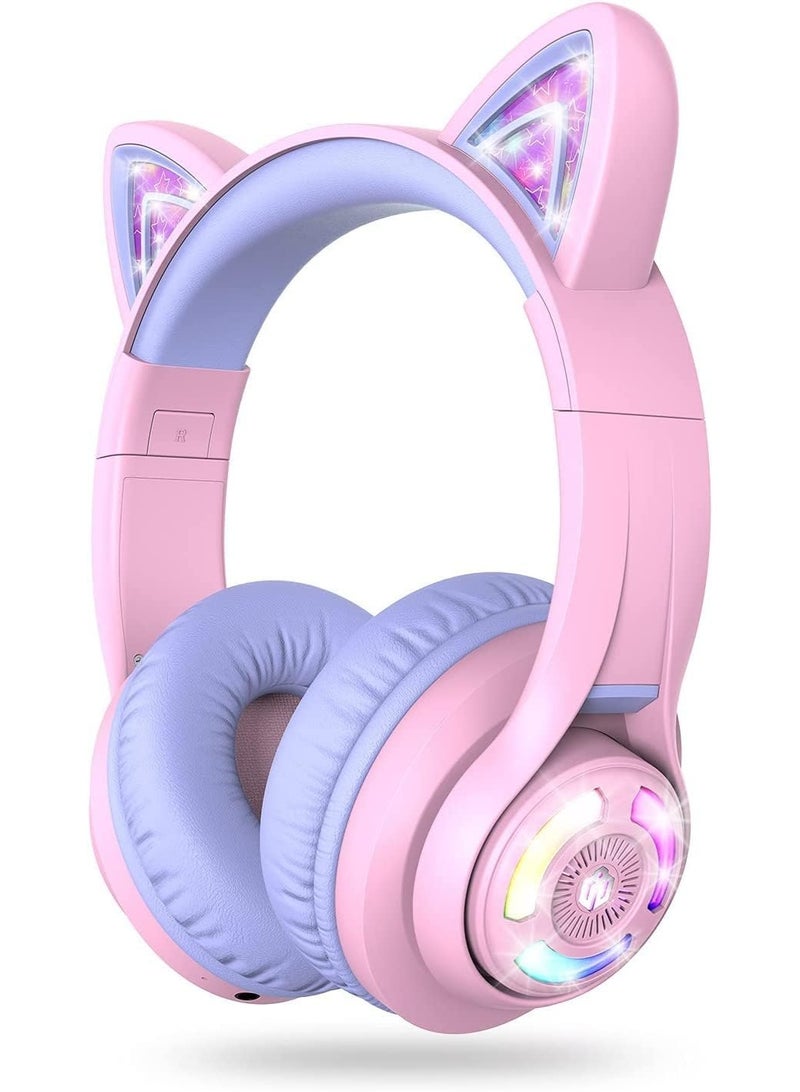iClever BTH13 Bluetooth Kids Headphones, Cat Ear LED Light Up Wireless Kids Headphones with Volume Limited (74/85dBA), 50H Playtime, Children Headphones with MIC Over Ear for School/Tablet/PC - Image 1