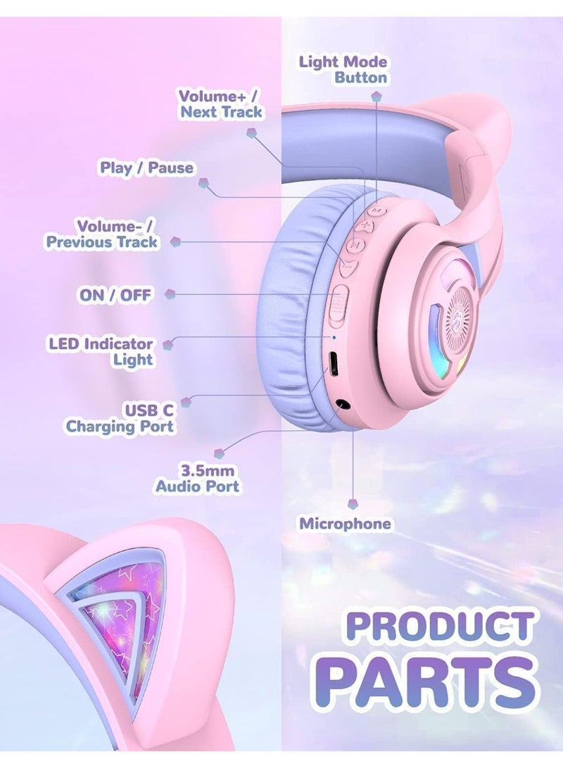 iClever BTH13 Bluetooth Kids Headphones, Cat Ear LED Light Up Wireless Kids Headphones with Volume Limited (74/85dBA), 50H Playtime, Children Headphones with MIC Over Ear for School/Tablet/PC - Image 3