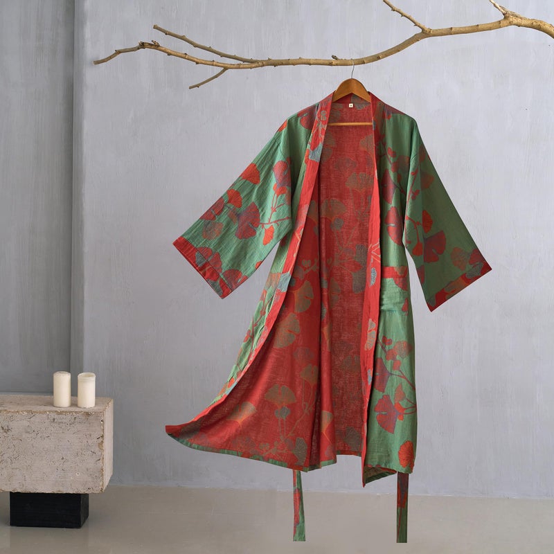 Purefair 100% Cotton Gauze Ginkgo Leaf Kimono Robe, Long Knit Loose Loungewear Bathrobe Nightgown Ladies Sleepwear for Women - Image 2