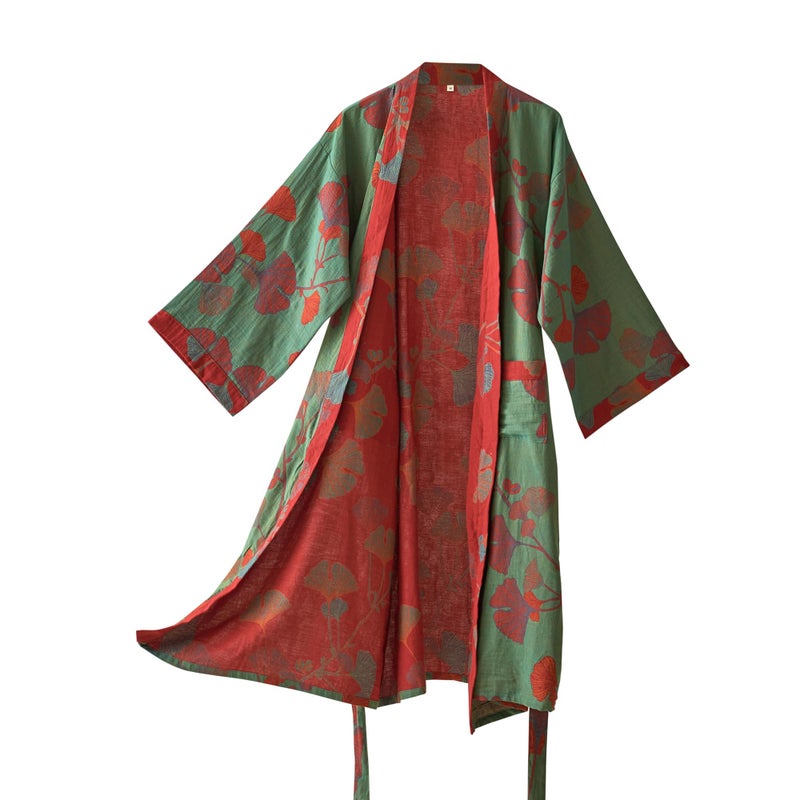 Purefair 100% Cotton Gauze Ginkgo Leaf Kimono Robe, Long Knit Loose Loungewear Bathrobe Nightgown Ladies Sleepwear for Women - Image 1