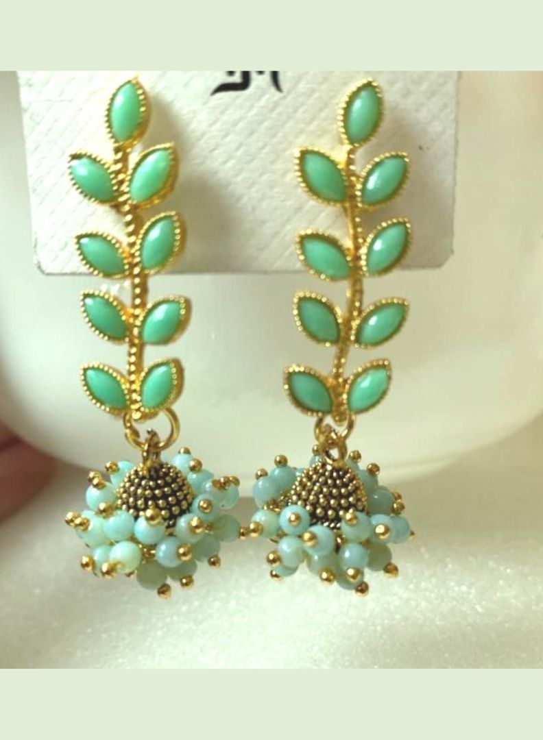 Modern Matte Finish Brass Metal Earrings Fashionable Collection for Women and Girls - Sea Green - Image 2