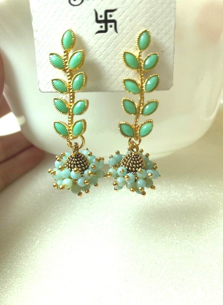 Modern Matte Finish Brass Metal Earrings Fashionable Collection for Women and Girls - Sea Green - Image 1