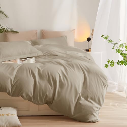 AMWAN Taupe Duvet Cover Queen Soft Khaki Tan Duvet Cover Queen Size Modern Style 3 Pieces Comforter Cover with Zipper Closure Boho Taupe Tan Bedding Set 1 Queen Duvet Cover 90”x90” with 2 Pillowcases - Image 5