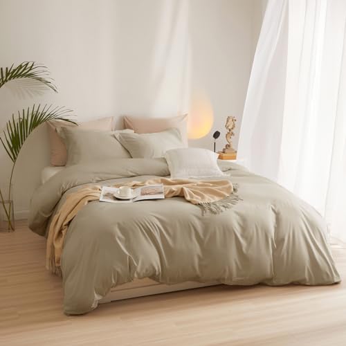 AMWAN Taupe Duvet Cover Queen Soft Khaki Tan Duvet Cover Queen Size Modern Style 3 Pieces Comforter Cover with Zipper Closure Boho Taupe Tan Bedding Set 1 Queen Duvet Cover 90”x90” with 2 Pillowcases - Image 2