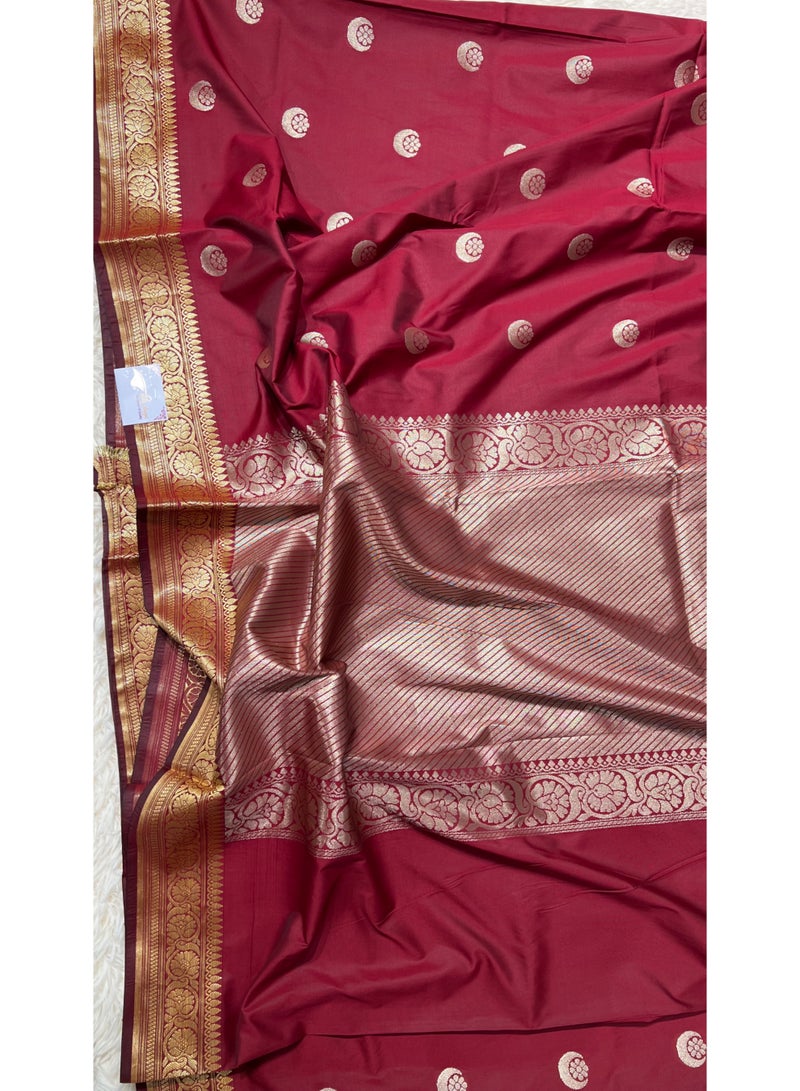 Celebrity Inspired Banarasi Semi Katan Silk Saree with Chand Tara Zari Work & Rich Pallu | Wedding & Reception Saree for Women | UAE | Maroon - Image 4