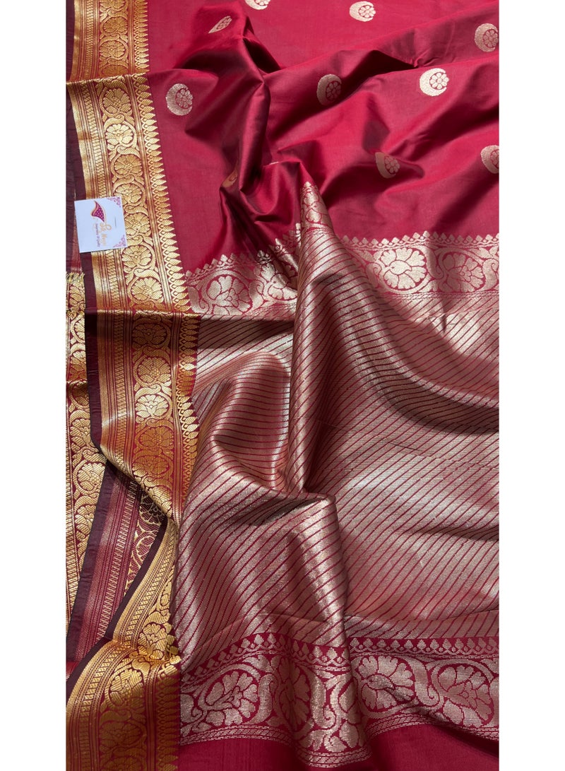 Celebrity Inspired Banarasi Semi Katan Silk Saree with Chand Tara Zari Work & Rich Pallu | Wedding & Reception Saree for Women | UAE | Maroon - Image 3