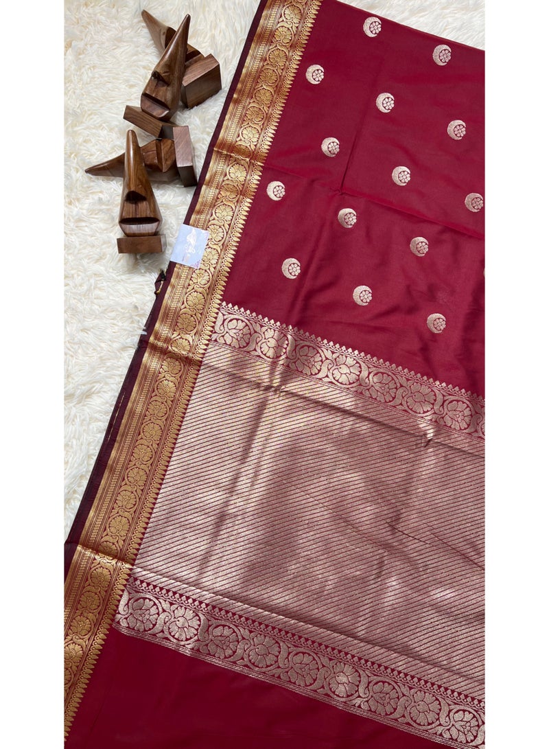 Celebrity Inspired Banarasi Semi Katan Silk Saree with Chand Tara Zari Work & Rich Pallu | Wedding & Reception Saree for Women | UAE | Maroon - Image 1