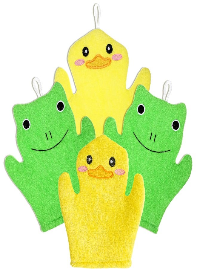 CartHome 4-Piece Loofah for Bathing Exfoliating Glove Set, Bath Sponge Cartoon Animal Washcloths and Bath Mitt for Daily Body Cleansing, Duck and Frog Design - Image 1