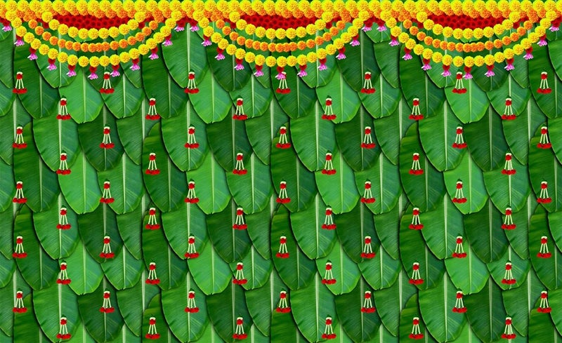 DHARA CREATION Dhara Banana Leaf Red Hanging Backdrop Cloth for Pooja 8ft x 5ft Ideal for Pooja Religious Ceremonies and Home Decor Washable Fabric - Image 3
