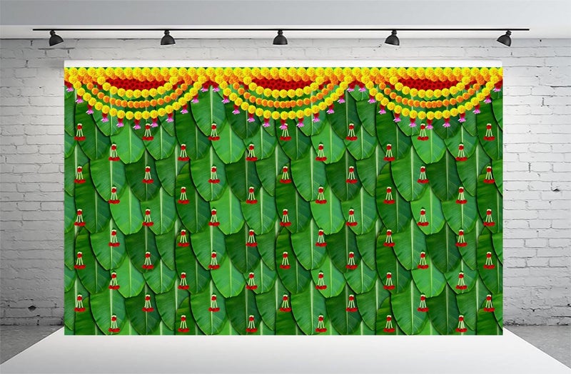 DHARA CREATION Dhara Banana Leaf Red Hanging Backdrop Cloth for Pooja 8ft x 5ft Ideal for Pooja Religious Ceremonies and Home Decor Washable Fabric - Image 1