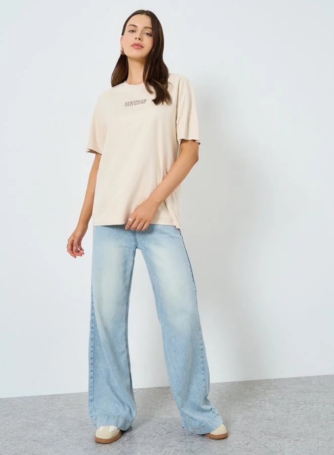 Styli Beige Oversized Slogan T-Shirt