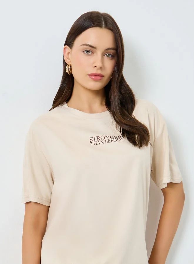 Beige Oversized Slogan T-Shirt