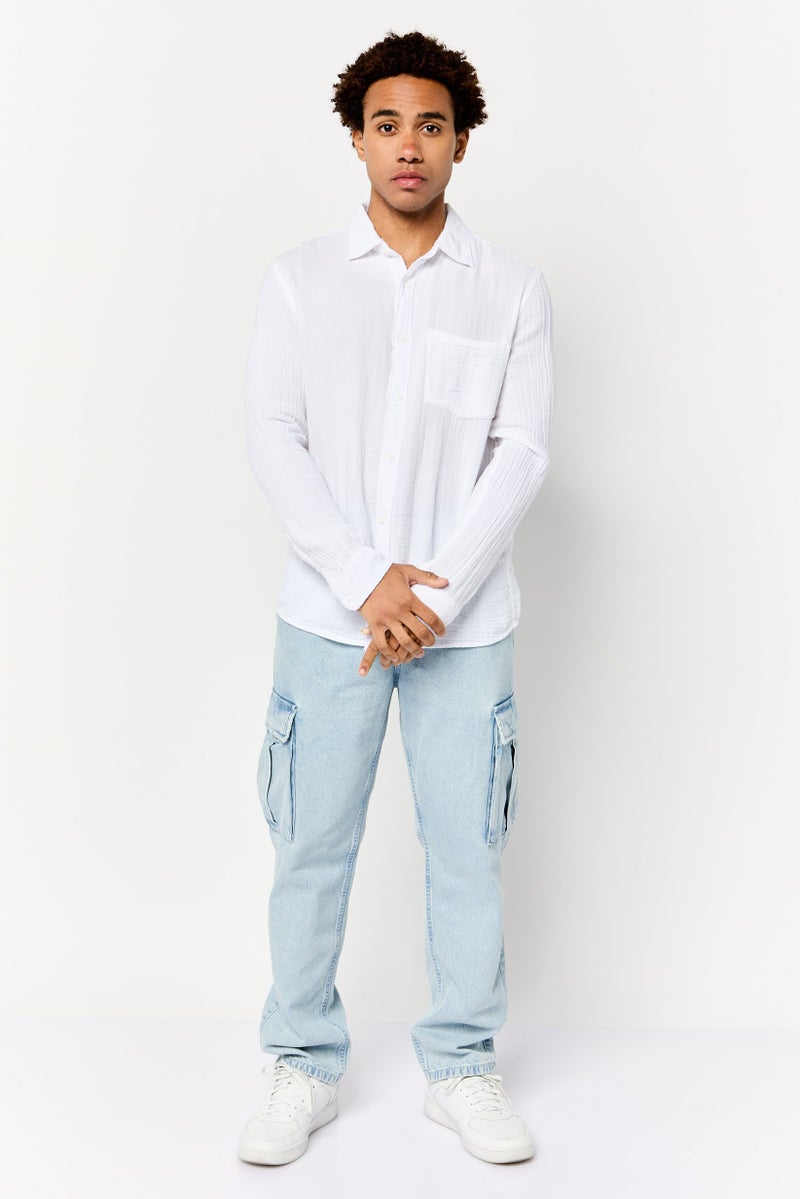 Celio Men Spread Collar Long Sleeve Solid Casual Shirt, White - Image 2