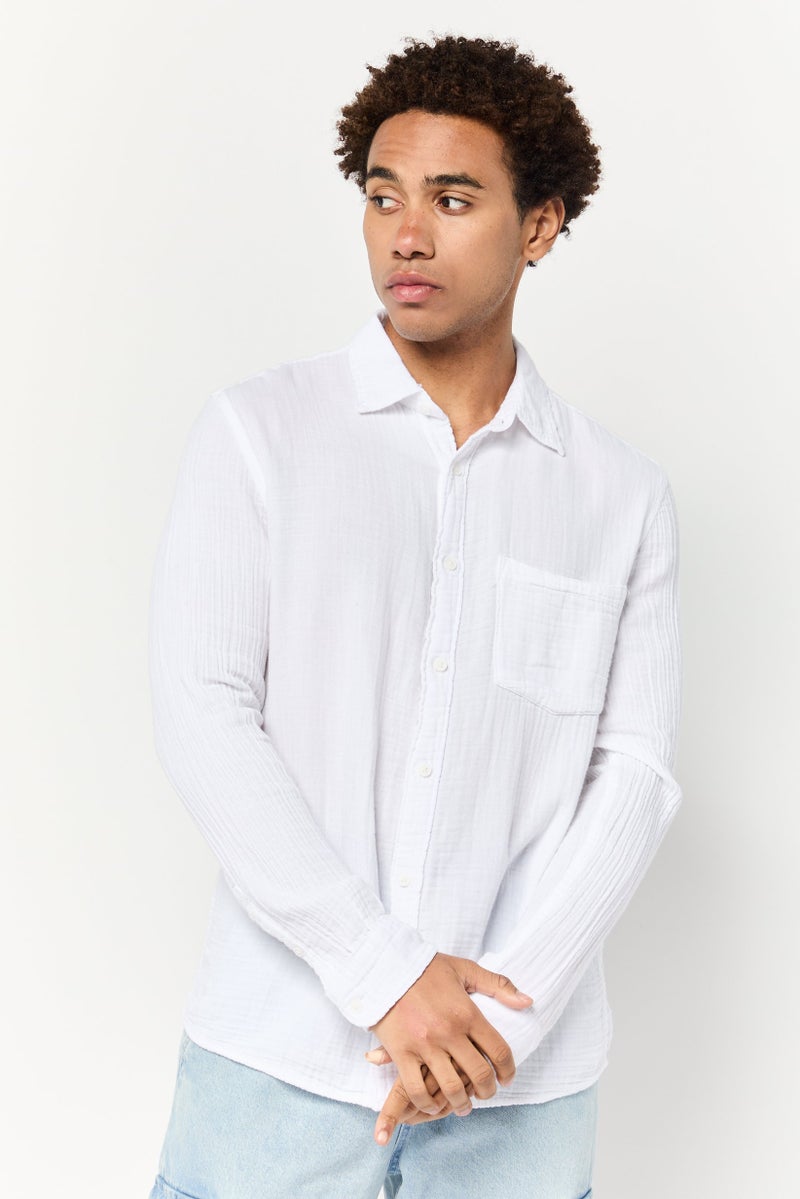 Celio Men Spread Collar Long Sleeve Solid Casual Shirt, White - Image 1