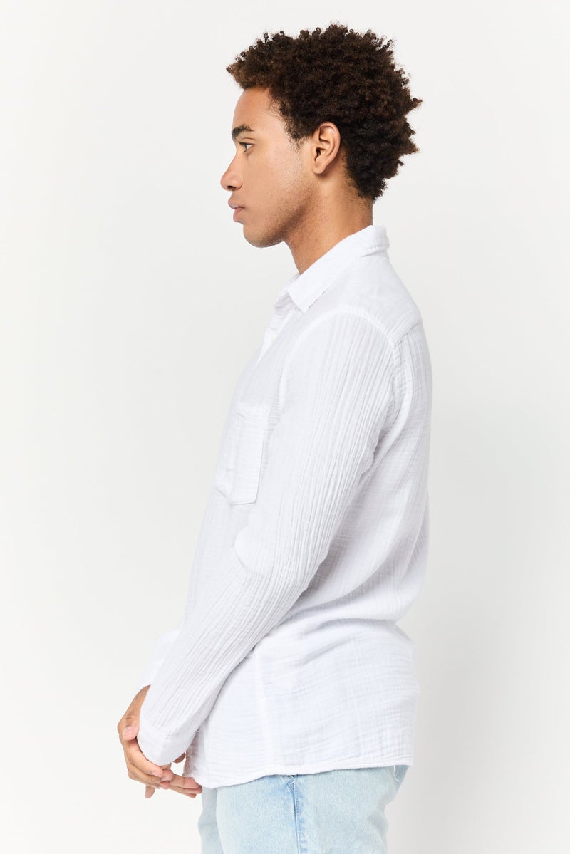 Celio Men Spread Collar Long Sleeve Solid Casual Shirt, White - Image 3