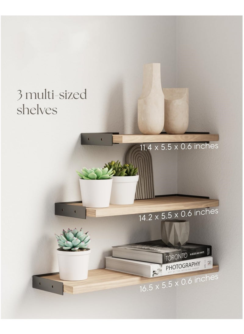 KYD Set of 3 Wall Shelves for Bedroom Decor, Floating Wall Shelves for Living Room Kitchen Storage, Wall Mounted Rustic Wood Shelves for Kids Books, Small Shelf for Bathroom  - Image 2